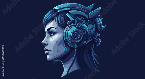 Female with futuristic cybernetic headpiece in deep blue illustration