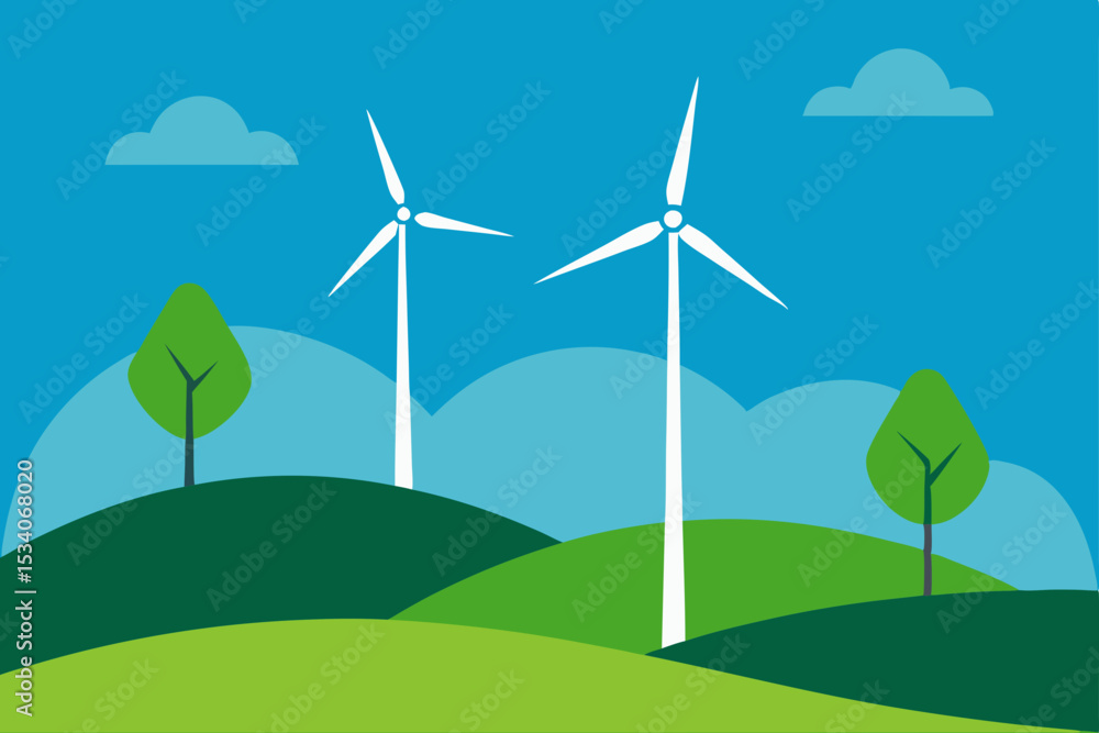 Fototapeta premium Green field wind turbines generate clean, renewable energy under a blue sky, illustrating sustainable power technology in harmony with nature