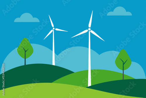 Green field wind turbines generate clean, renewable energy under a blue sky, illustrating sustainable power technology in harmony with nature