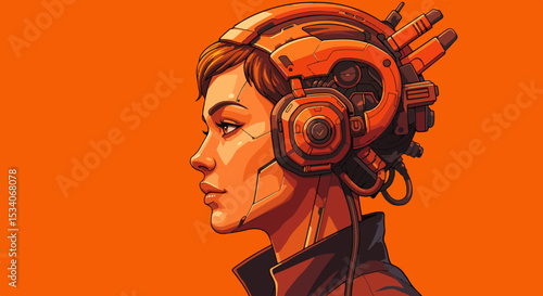 Woman in profile with futuristic mechanical headpiece on solid orange background