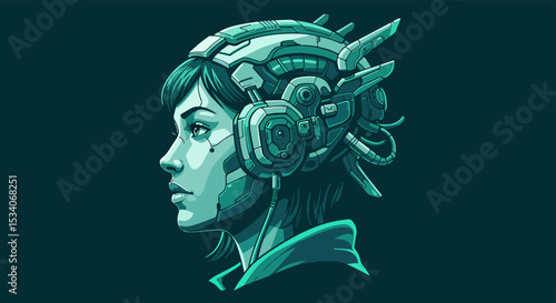 Futuristic female with mechanical headpiece in green and black