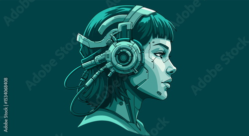 Young woman in profile wearing futuristic headphones with a green monochromatic color scheme