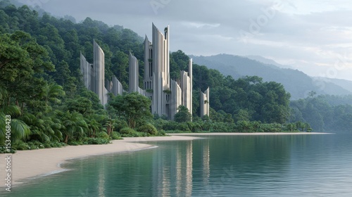 futuristic castle with garden near lake, photo-realism, 8k