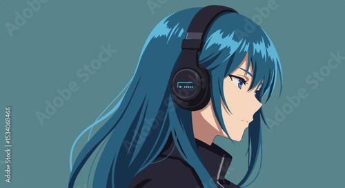 Female character with blue hair wearing black headphones against gradient green background
