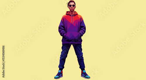 Young man in colorful hoodie and blue sweatpants standing against yellow background