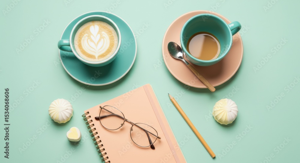 Fototapeta premium A flatlay image shows two cups of coffee, one with latte art, a notebook, glasses, a pencil, and marshmallows on a pastel mint green background