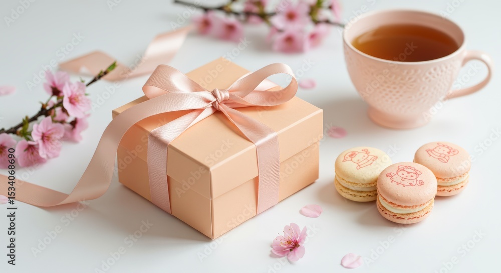 A pink gift box with a satin ribbon sits beside a cup of tea and delicate pink macarons decorated with cute designs, surrounded by cherry blossoms on a white background