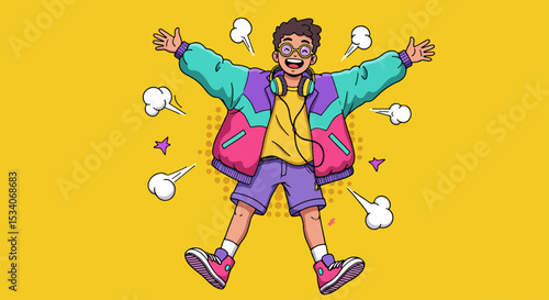 Young man in mid-air pose with headphones and colorful clothing against bright yellow background