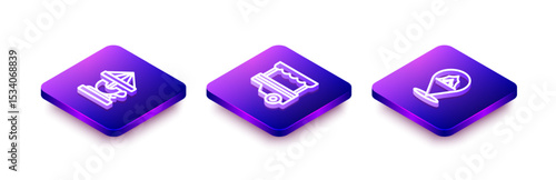Set Isometric line Attraction carousel, Fast street food cart and Circus tent icon. Vector