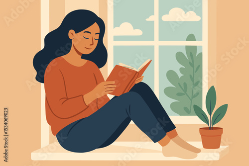 Woman reading book on windowsill. Concept of relaxation, serenity, and calm. Slow living lifestyle for self-care, mindfulness, mental health. Cozy home hygge scene. Quiet hobby.