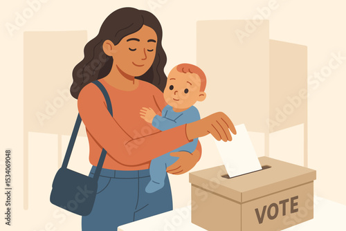 Mother with baby voting at polling station. Woman casting ballot for election. Concept of civic duty, democracy, parent's choice, citizen's right, and future generation.
