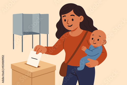 Mother with baby voting at polling station. Woman casting ballot in box for election. Concept of civic duty, democracy, and responsibility for the future generation. Vector.