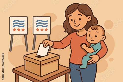 Mother holding baby casts her vote in a ballot box. Concept of civic duty, democracy, and election day. Parent voting for the future of her child. Political choice vector.
