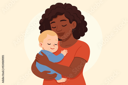 Loving African American mother holding her caucasian baby. Tender maternal embrace. Interracial family, adoption, and diversity concept. Motherhood, unconditional love, care. Vector.