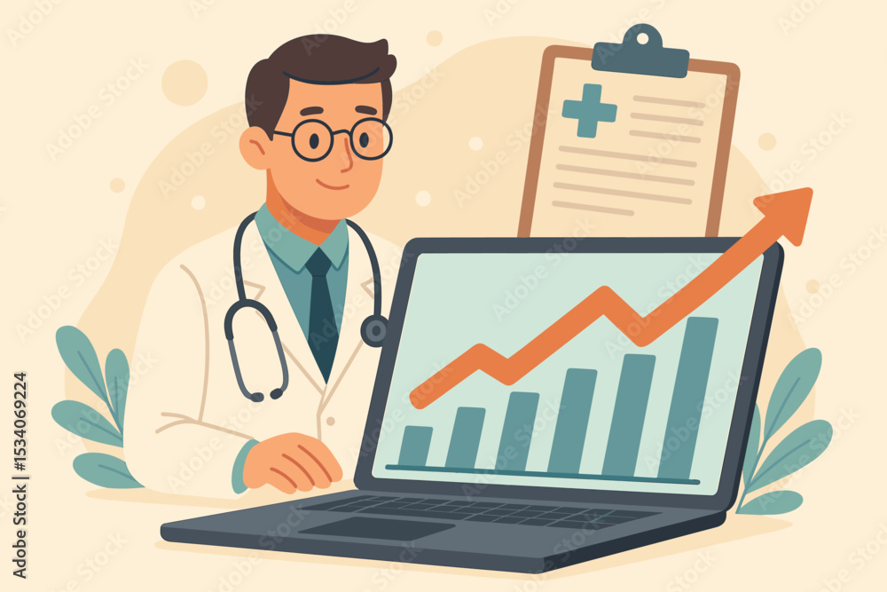Healthcare business growth concept. Doctor analyzing medical data on laptop with rising arrow chart. Medical finance, hospital management, and investment success illustration. Healthcare business growth concept. Doctor analyzing medical data on laptop with rising arrow chart. Medical finance, hospital management, and investment success illustration.