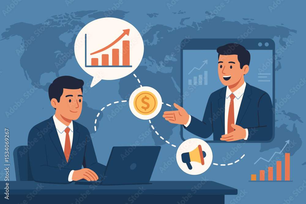 Global business collaboration with online video conference. Businessmen discuss financial growth, investment strategy on a virtual meeting. Teamwork, partnership, and marketing concept. Global business collaboration with online video conference. Businessmen discuss financial growth, investment strategy on a virtual meeting. Teamwork, partnership, and marketing concept.