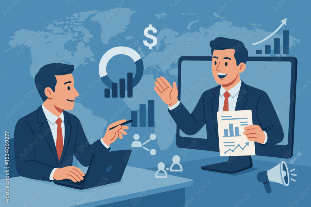Global business collaboration with online video conference. Men discuss financial strategy, data analysis, and market growth. Remote teamwork, partnership, and communication concept. Global business collaboration with online video conference. Men discuss financial strategy, data analysis, and market growth. Remote teamwork, partnership, and communication concept.