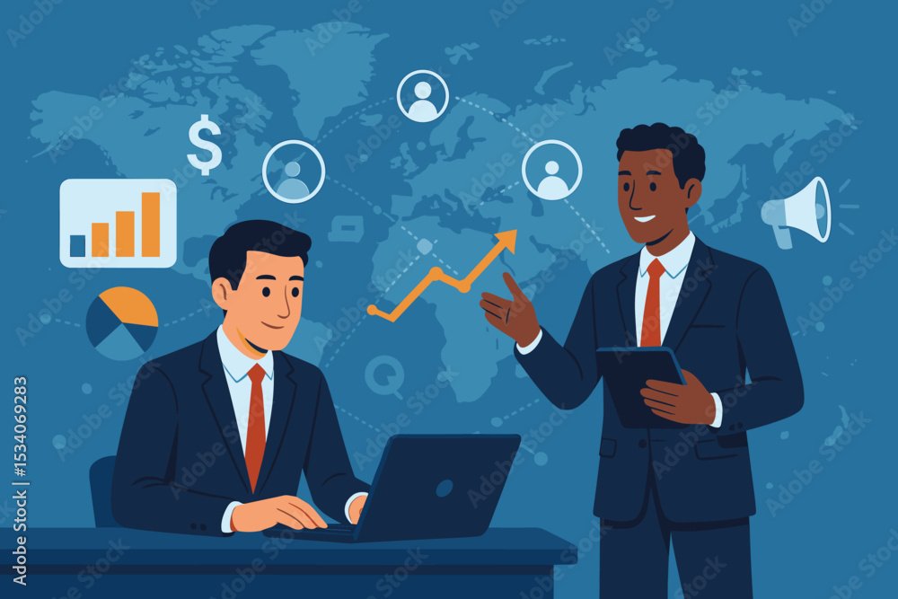 Global business collaboration. Diverse teamwork. International partnership concept. Corporate strategy meeting. Financial growth data analysis. World map background. Vector illustration. Global business collaboration. Diverse teamwork. International partnership concept. Corporate strategy meeting. Financial growth data analysis. World map background. Vector illustration.