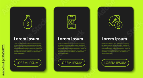 Set line Money bag, Online sports betting and American football money. Business infographic template. Vector