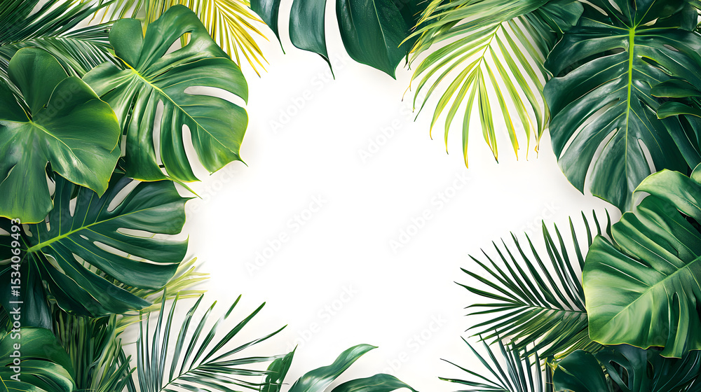 Naklejka premium Tropical frame with exotic jungle plants, palm leaves, monstera and place for text