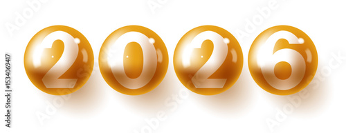Four golden spheres displaying the year 2026.