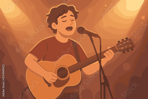 Singer songwriter playing acoustic guitar and singing into a microphone on stage. Young musician performing a solo concert under a spotlight. Live music gig or open mic concept.