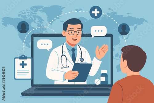 Online doctor consultation vector illustration. Man having video call with physician on laptop. Telemedicine, telehealth, remote medical support, e-health, global healthcare concept.