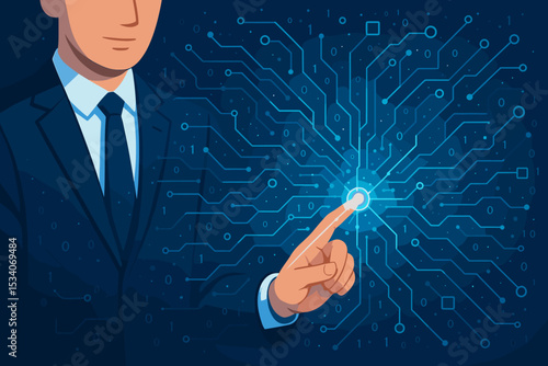 Businessman touching glowing circuit board. Digital transformation, innovation, and network technology concept. AI, data analysis, and cybersecurity business strategy vector.