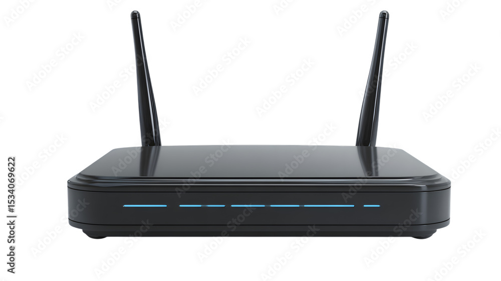Fototapeta premium Modern wireless router for home network and internet connectivity with dual antennas and blue led lights, high-speed data transfer.