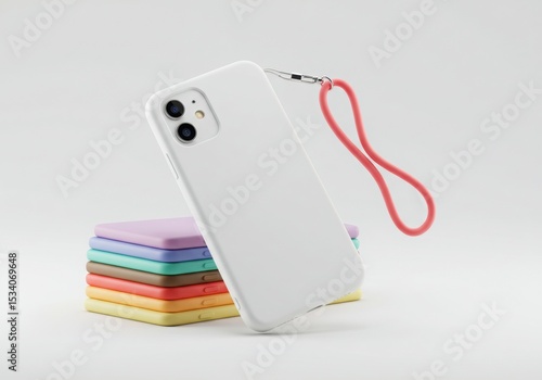 Modern Smartphone Case Mockup: White Phone Case with Pink Strap Displayed on Stack of Colorful Phone Cases, Perfect for Product Presentation and E-commerce Sales