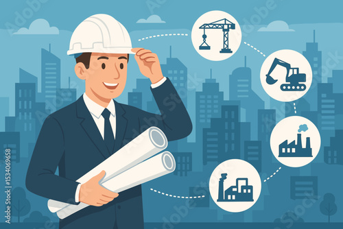 Male engineer architect in hard hat holding blueprints. Construction project management concept with city background. Urban development, industry, factory, crane, excavator icons.