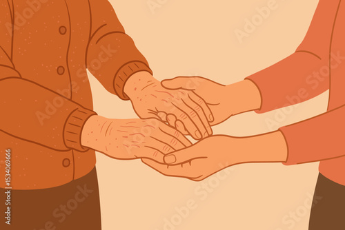 Caregiver holding hands of elderly person. Support, empathy, and assistance for seniors concept. Illustration for community, family bond, volunteering, and geriatric healthcare.