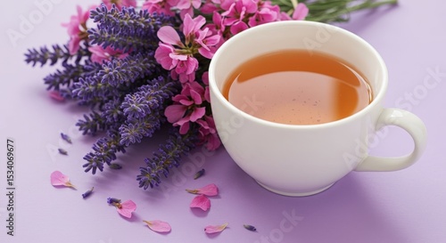 A white cup of tea sits beside a bouquet of lavender and pink flowers on a purple background
