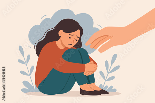 Helping hand reaches to woman with depression. Mental health support and care concept. Psychology and therapy for anxiety, stress and loneliness. Empathy and compassion vector.