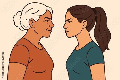 Generational gap vector concept. Angry old mother and stubborn young daughter in conflict. Face to face confrontation, family problems, disagreement, different views, crisis.