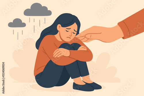 Support and care for mental health. Hand comforting sad, depressed woman. Concept of empathy, help for anxiety, grief, stress. Psychology and therapy for lonely person.