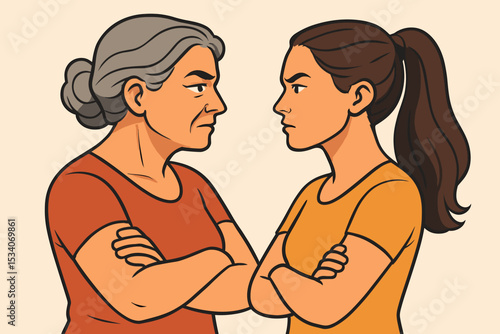 Generational conflict between mother and daughter. Angry senior woman and stubborn young girl fighting. Family argument concept. Generational gap, misunderstanding, relationship problems.