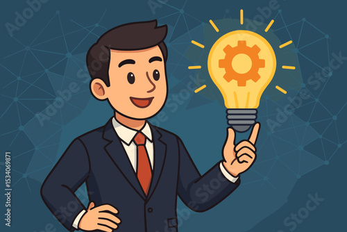 Businessman with innovative idea. Cartoon character holding glowing lightbulb with gear. Concept for business solution, strategy, technology, creativity, inspiration, success.