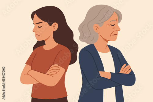 Generation gap vector illustration. Angry mother and daughter with crossed arms not talking. Family quarrel, relationship problems, misunderstanding, and generational conflict.