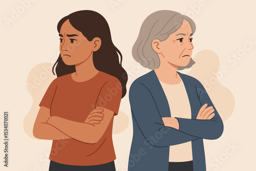 Generation gap conflict. Angry stubborn young daughter and senior mother standing back to back. Family relationship problems, argument, misunderstanding between different generations.