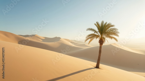 Serene desert landscape featuring solitary palm tree amidst golden sand dunes, evoking sense of tranquility and isolation