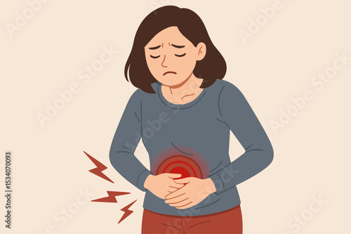 Woman with stomach ache suffering from abdominal pain. Vector illustration of menstrual cramps, period pain, indigestion, or food poisoning. Unwell person with health problem.