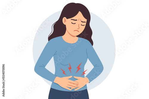 Woman suffering from stomach ache. Girl with menstrual period pain or abdominal cramps. Concept of health problem, digestion issues, PMS, gastritis, nausea, bloating. Unwell character.