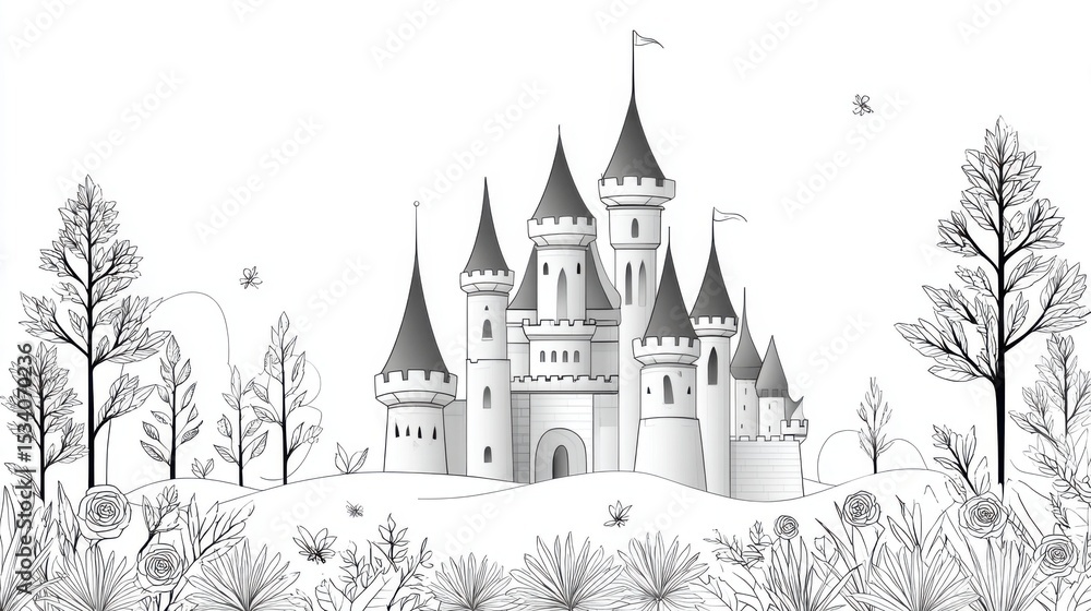 Obraz premium Adult Coloring Page: Detailed Line Art of Castle with Rose Garden | Thick Outline, Sticker Art Style, White Background