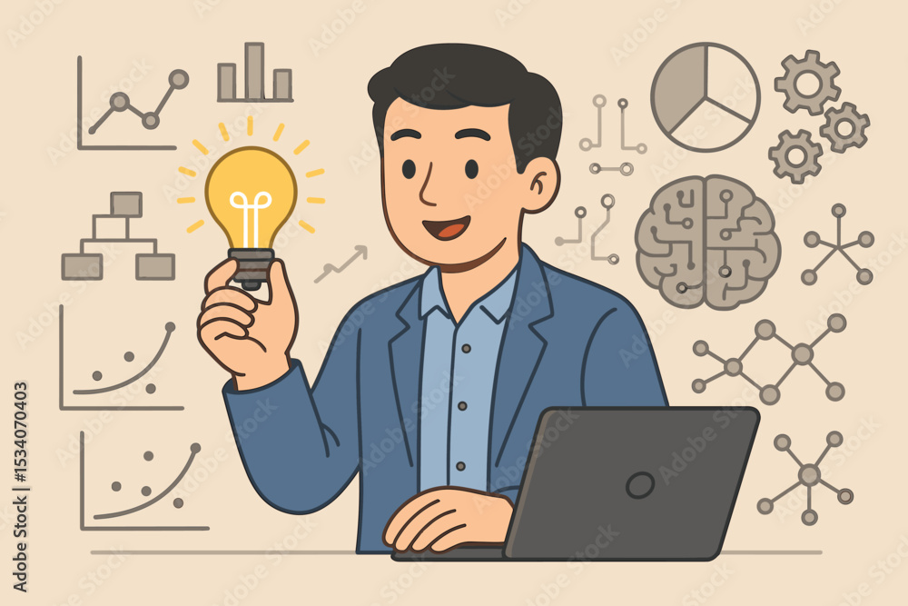 Data science concept with businessman holding lightbulb. Vector for business intelligence, analytics, big data, artificial intelligence, research, problem solving, and strategy. Data science concept with businessman holding lightbulb. Vector for business intelligence, analytics, big data, artificial intelligence, research, problem solving, and strategy.