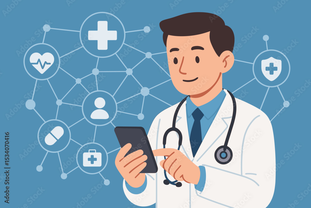 Virtual healthcare innovation concept with doctor using smartphone. Telehealth and online medical consultation. Digital health network with icons. Telemedicine and e-health vector. Virtual healthcare innovation concept with doctor using smartphone. Telehealth and online medical consultation. Digital health network with icons. Telemedicine and e-health vector.