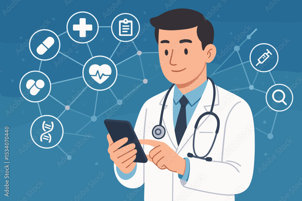 Virtual healthcare innovation concept. Doctor using smartphone for online medical consultation. Telemedicine, telehealth, and e-health technology. Digital health network with icons. Virtual healthcare innovation concept. Doctor using smartphone for online medical consultation. Telemedicine, telehealth, and e-health technology. Digital health network with icons.