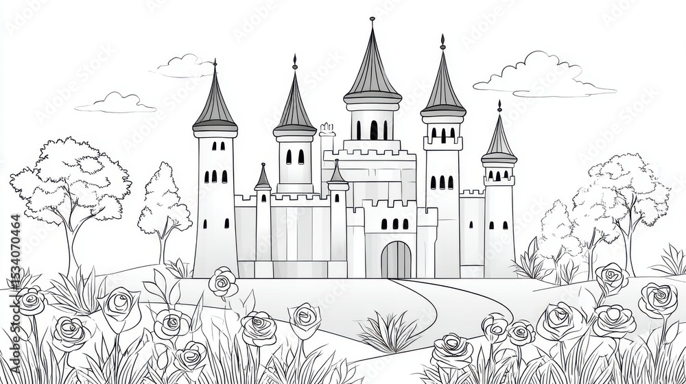 Obraz premium Adult Coloring Page: Detailed Line Art of Castle with Rose Garden | Thick Outline, Sticker Art Style, White Background