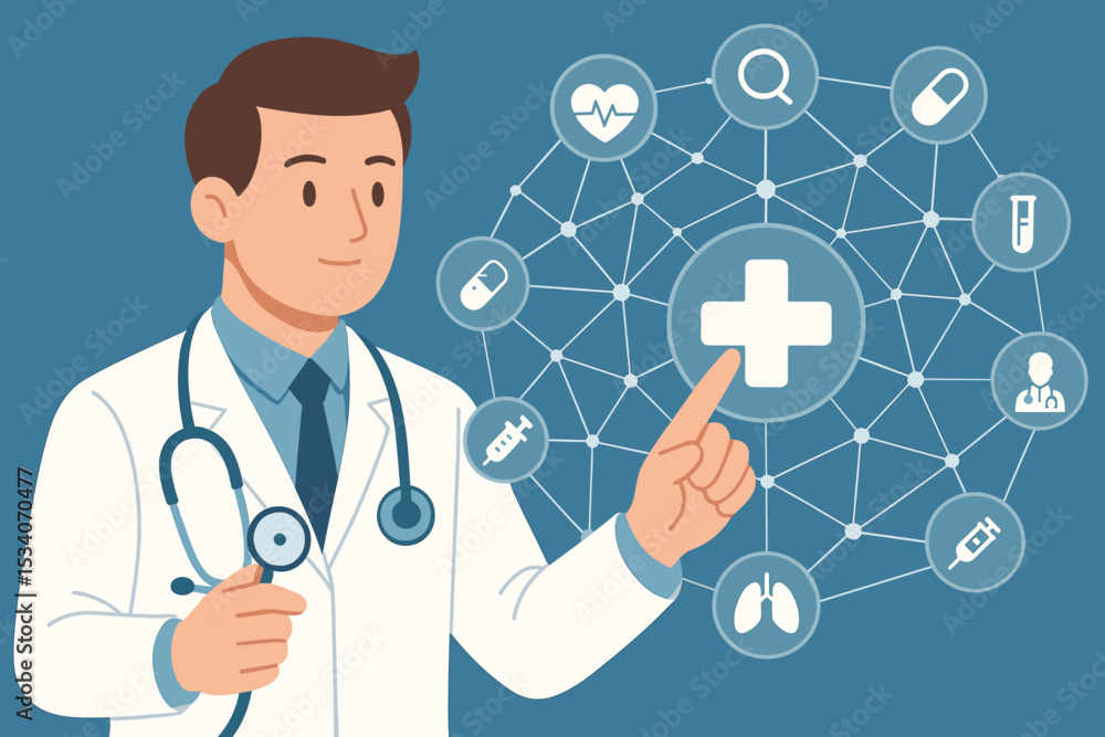 Healthcare technology concept with a doctor pointing at a virtual screen. Telemedicine and online medical consultation. Digital health service with network icons. Vector illustration. Healthcare technology concept with a doctor pointing at a virtual screen. Telemedicine and online medical consultation. Digital health service with network icons. Vector illustration.