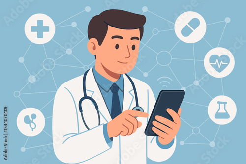 Doctor with tablet for telemedicine and telehealth. Virtual healthcare concept. Online medical consultation. Digital health innovation. E-health, mHealth service with medical icons.